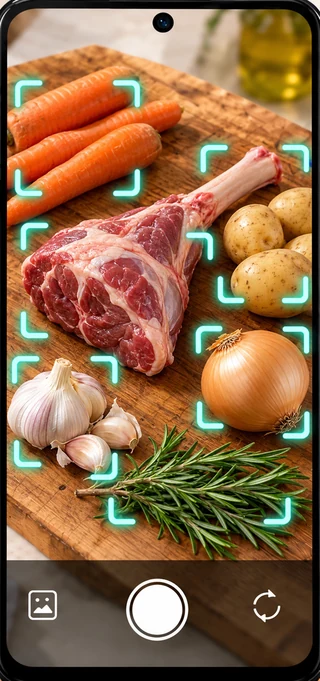 AI Chef scanning illustration with raw lamb shank, carrots, potatoes, onion, garlic and rosemary