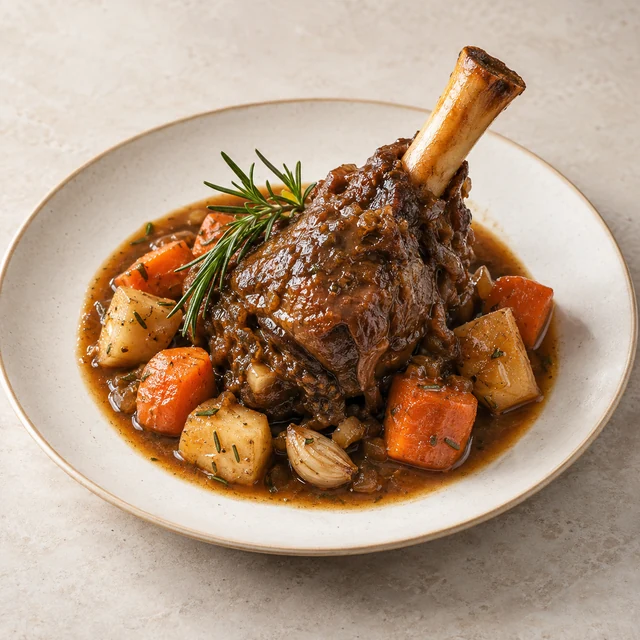 Braised lamb shank with carrots, potatoes and rosemary on a cream plate