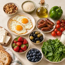 Illustrative scan photo matching the displayed eggs, nuts, rice, olive oil, pepper, sausages, tomatoes, olives, greens and berries