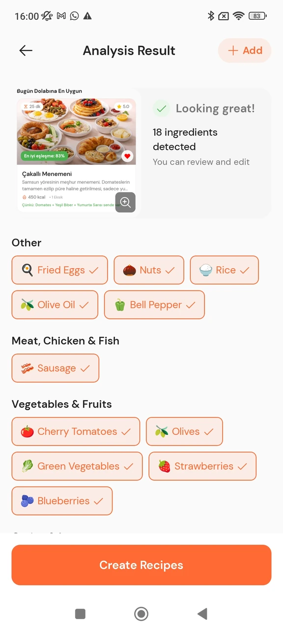 AI Chef Analysis Result with detected ingredients and the Create Recipes button