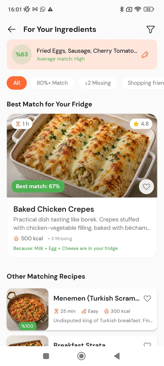 AI Chef recipe suggestions ranked by ingredient match