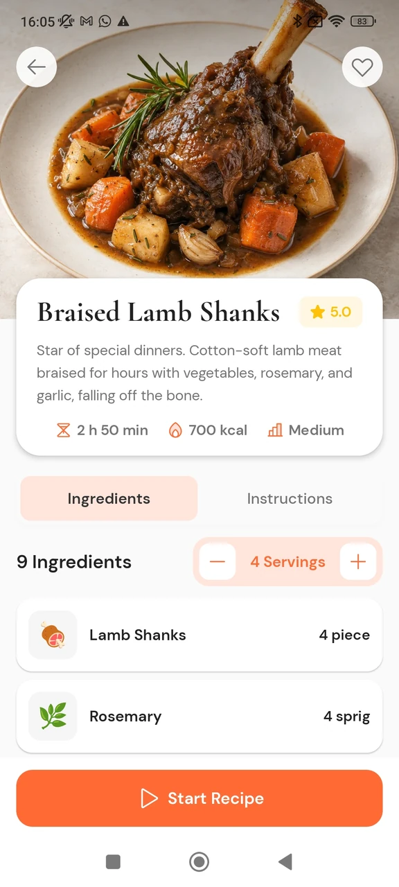 AI Chef recipe details screen showing Braised Lamb Shanks